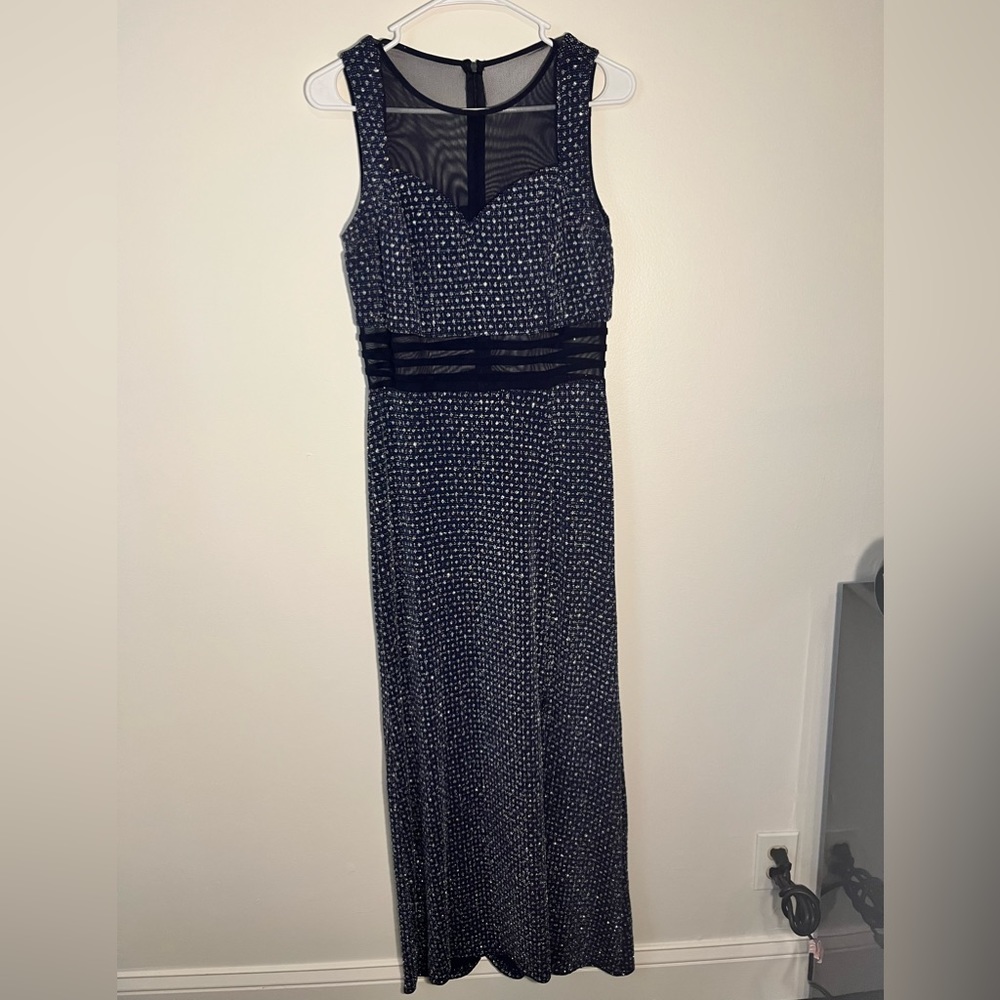 Enfocus Studio Navy Sweetheart Neck Glitter Side Slit Evening Maxi Dress Women 8